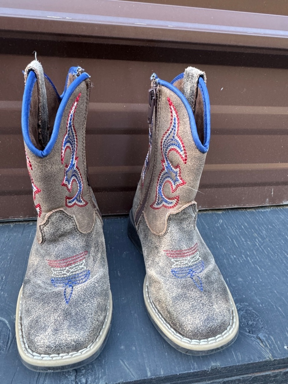 Twister Brown Kids Cowboy Boots with Blue Trim and Red Embroidery